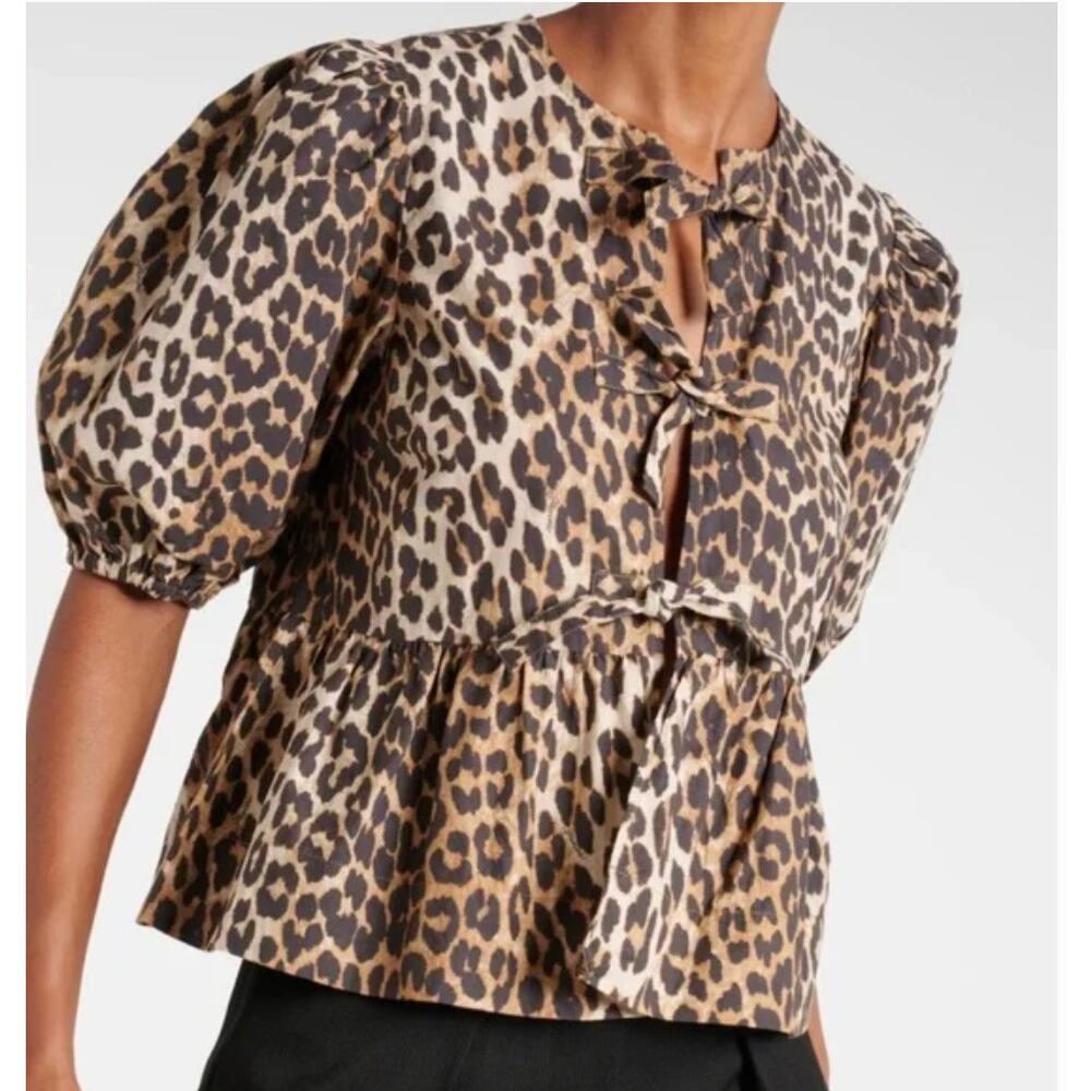 Tie-Front Leopard Print Oversize Peplum Blouse size SMALL